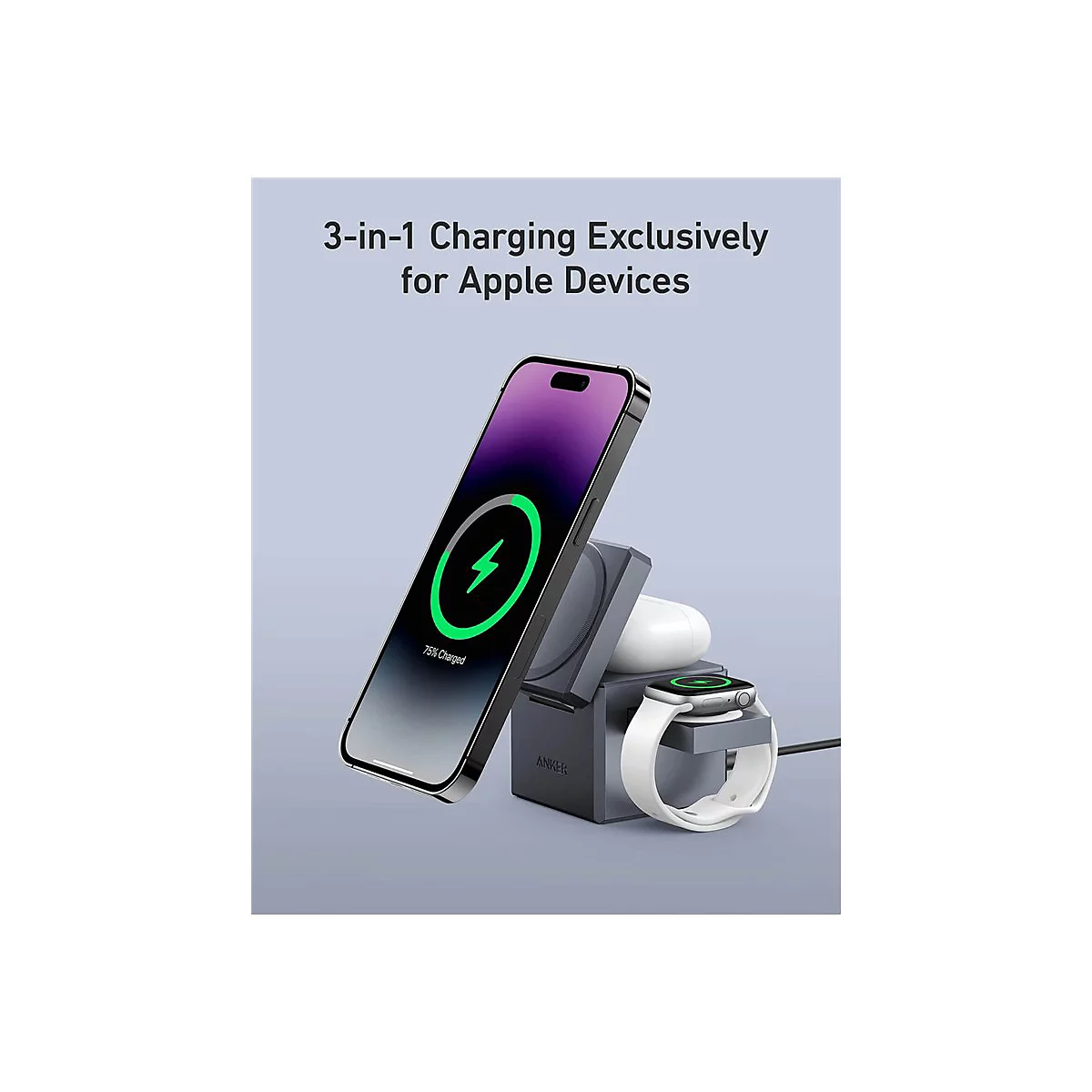 Anker 3-in-1 Ladestation für iPhone, Apple Watch und AirPods auf violettem Hintergrund.