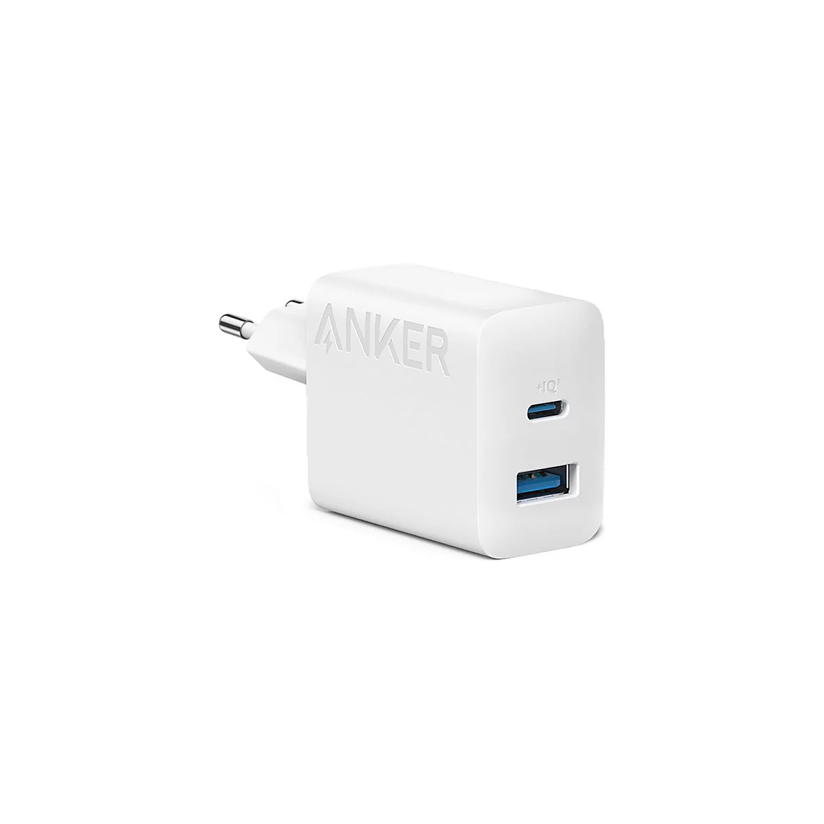 Weißes Anker-Netzteil mit einem USB-C- und einem USB-A-Anschluss vor neutralem Hintergrund.