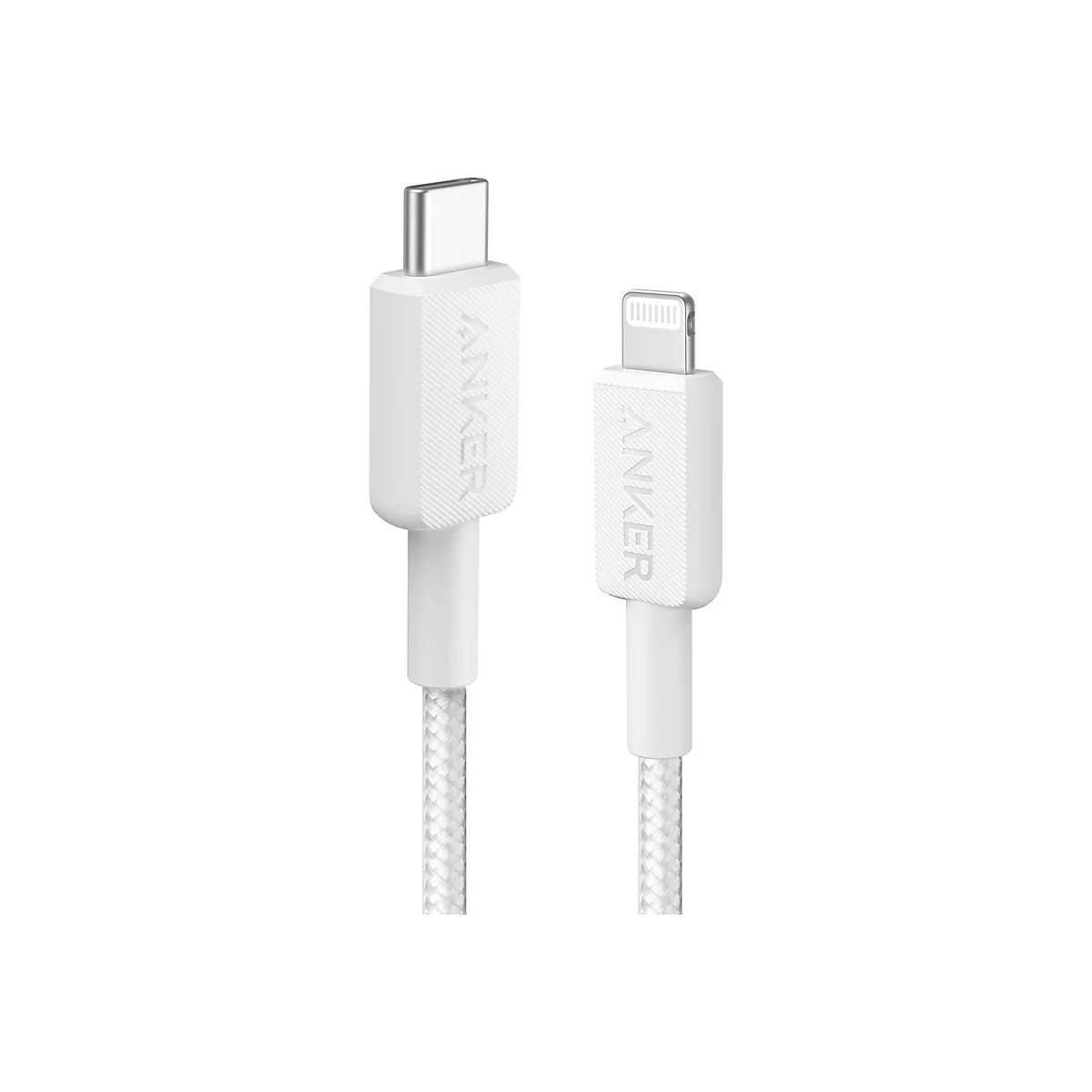 Zwei weiße Anker Ladekabel-Anschlüsse, USB-C und Lightning, mit geflochtenem Textilkabel vor weißem Hintergrund.
