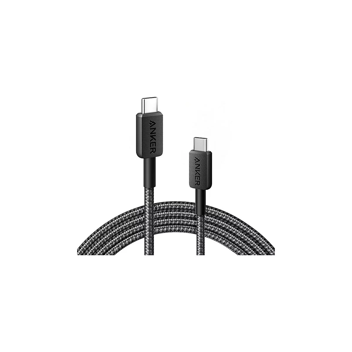 Ein schwarzes, geflochtenes USB-C-Kabel von Anker mit metallischen Steckern vor weißem Hintergrund.