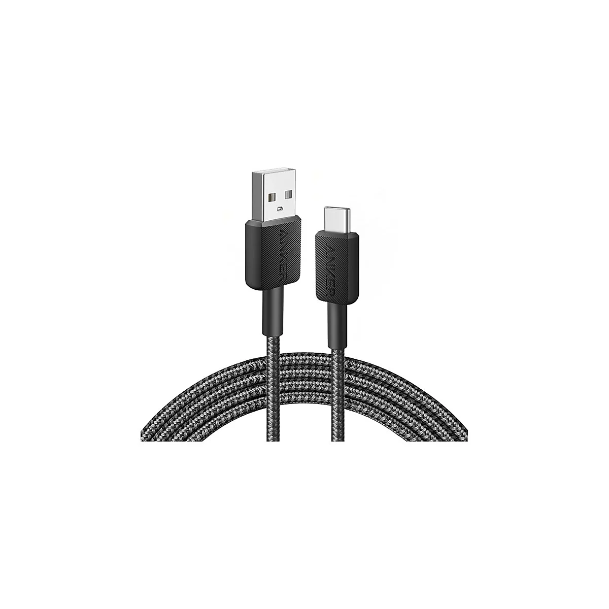 Anker USB-A auf USB-C Kabel mit geflochtener Oberfläche vor weißem Hintergrund.