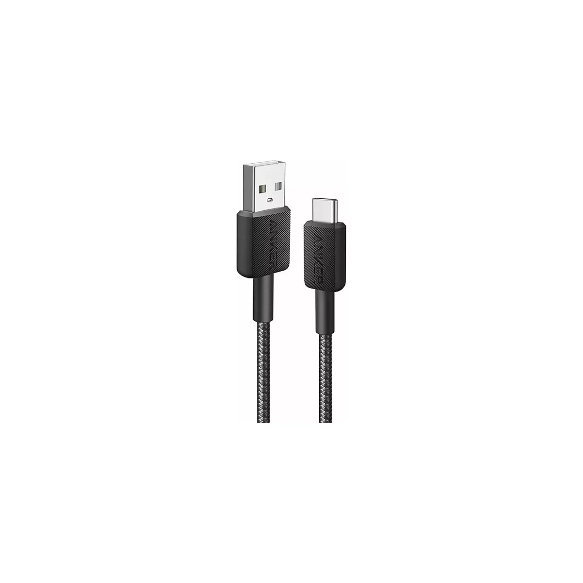 Schwarzes Anker USB-A auf USB-C Ladekabel mit geflochtener Ummantelung vor weißem Hintergrund.