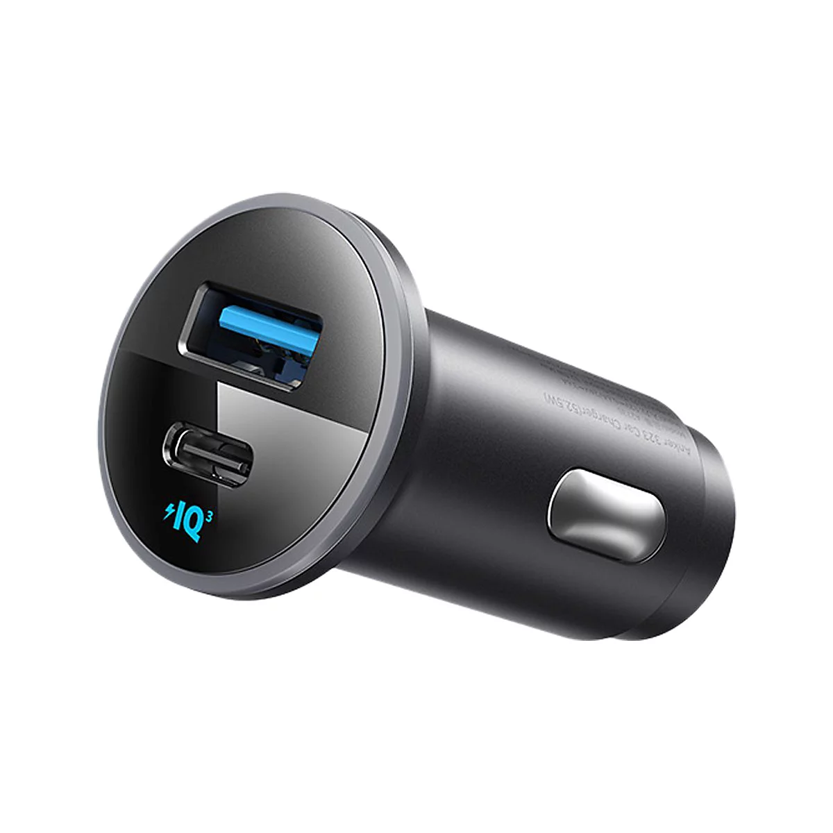 Schwarzes Anker Kfz-Ladegerät mit einem USB-A- und einem USB-C-Anschluss vor weißem Hintergrund.