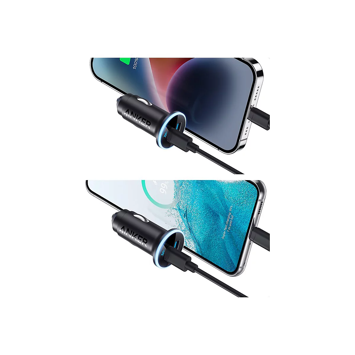Ein schwarzes Anker-Kfz-Ladegerät mit blauem LED-Ring steckt in einem Ladeanschluss und lädt zwei Smartphones.