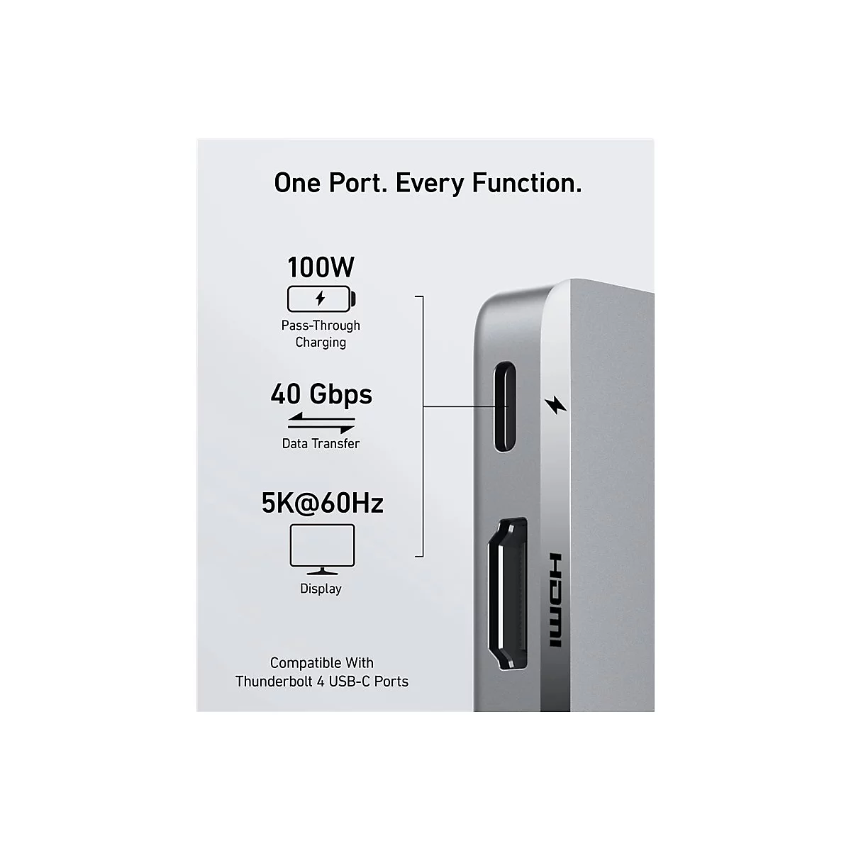 USB-C-Adapter mit 100W Laden, 40 Gbit/s Datentransfer und 5K Display-Unterstützung für Thunderbolt 4.