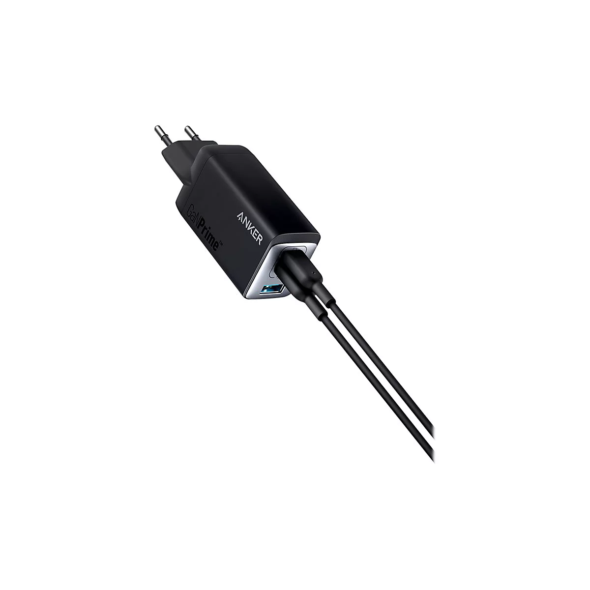 Schwarzes Anker LadegerÃ¤t mit zwei USB-AnschlÃ¼ssen und schwarzen Kabeln. Der Stecker ist fÃ¼r europÃ¤ische Steckdosen.