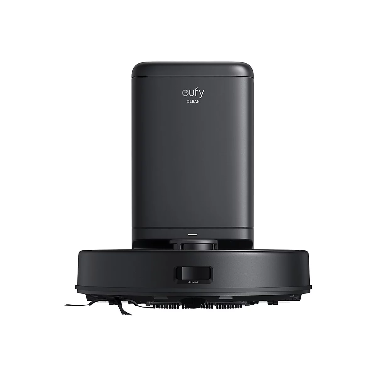 Schwarzer Saugroboter von Eufy Clean mit Ladestation vor weißem Hintergrund.