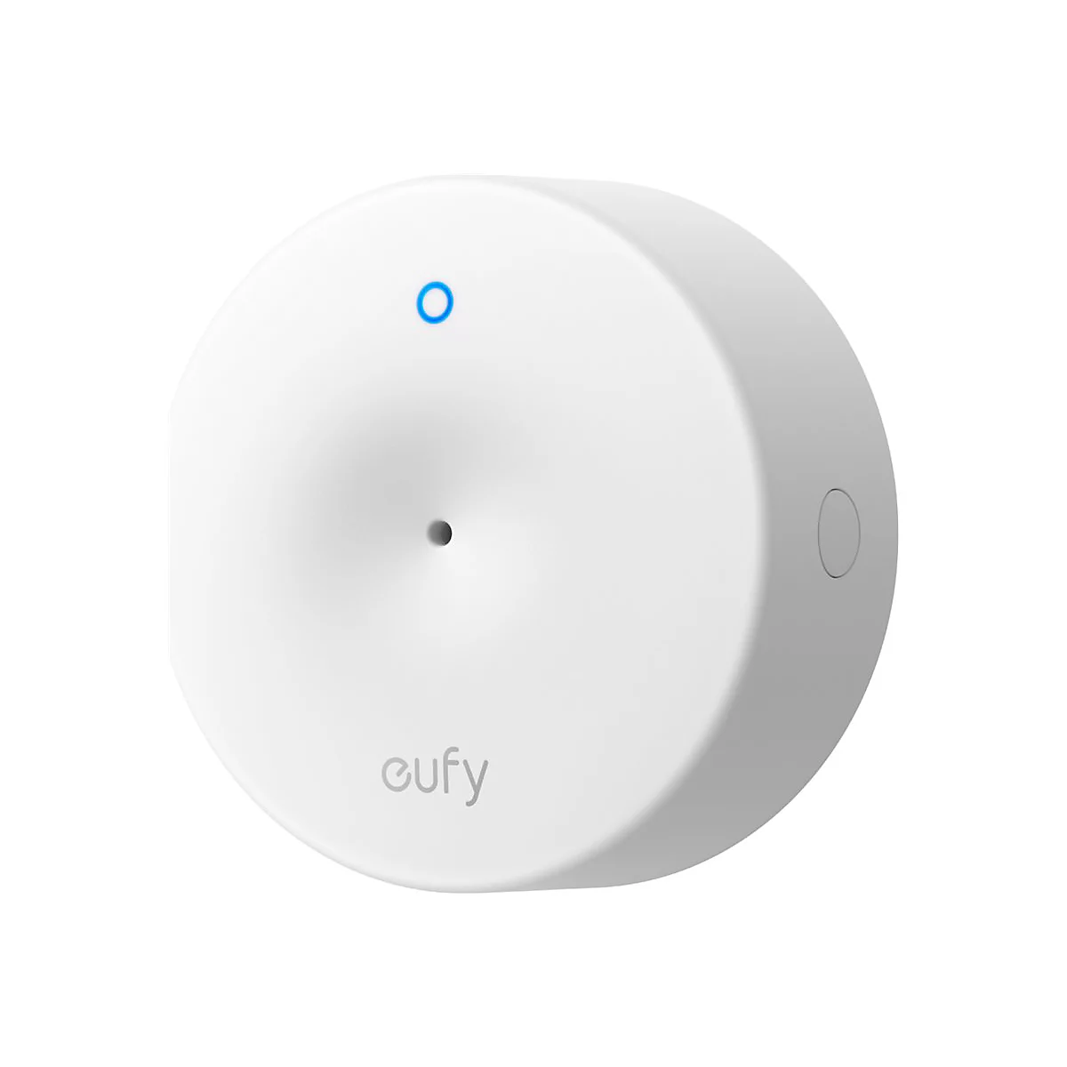Weißer, runder Eufy Smart-Sensor mit blauer Statusleuchte und Firmenlogo auf weißem Hintergrund.