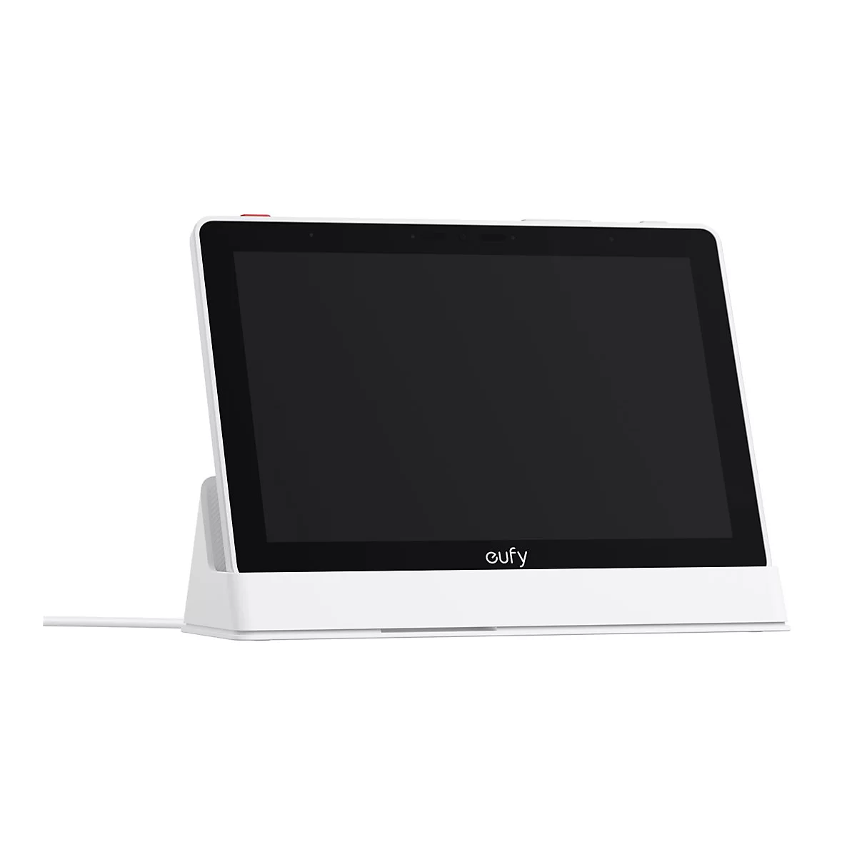 Weißes Eufy Smart-Display auf Ladestation mit schwarzem Bildschirm vor weißem Hintergrund.