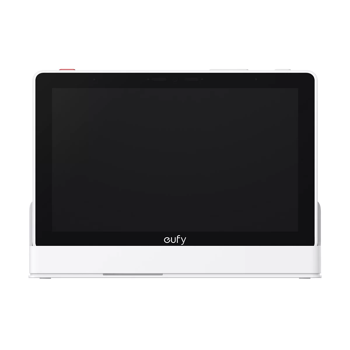 Weißer Eufy Touchscreen-Monitor in Frontansicht mit schwarzem, ausgeschaltetem Display auf einem Standfuß.