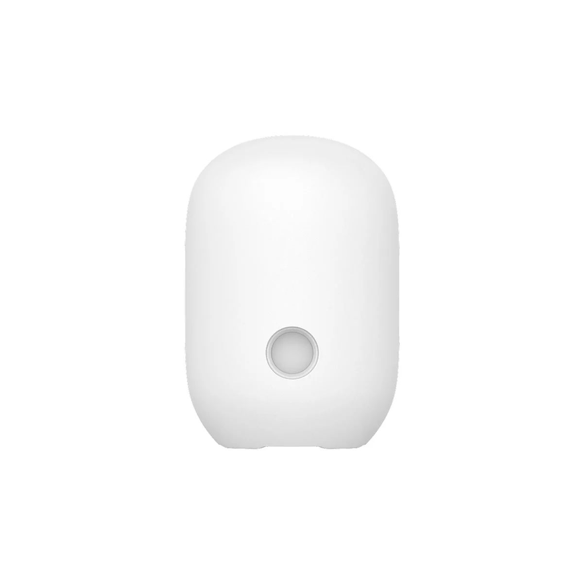 Ein weißes, oval geformtes Gerät mit einer kreisförmigen Vertiefung und einem mittigen Sensor auf weißem Hintergrund.