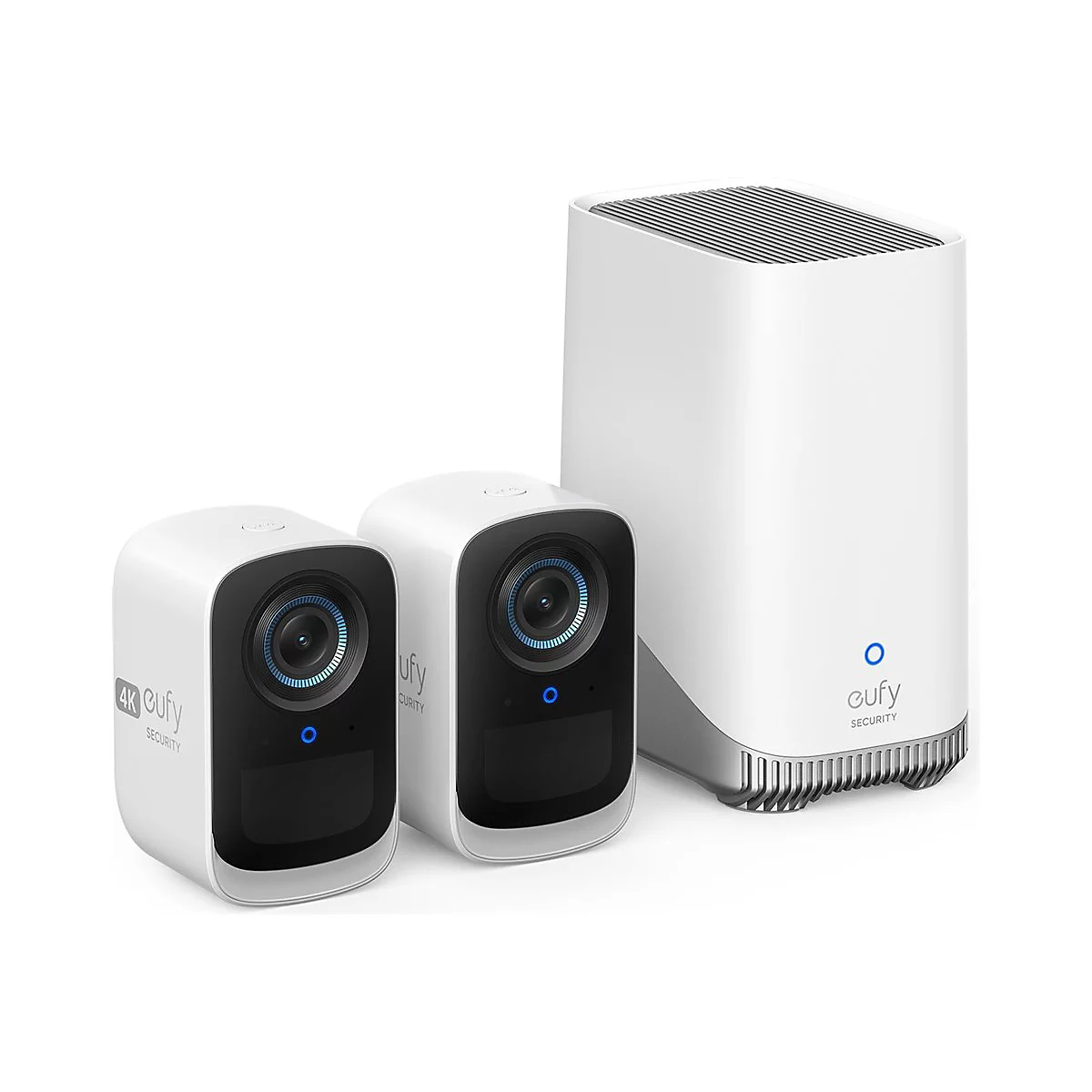 Zwei Eufy Sicherheitskameras mit 4K und eine HomeBase vor weißem Hintergrund.
