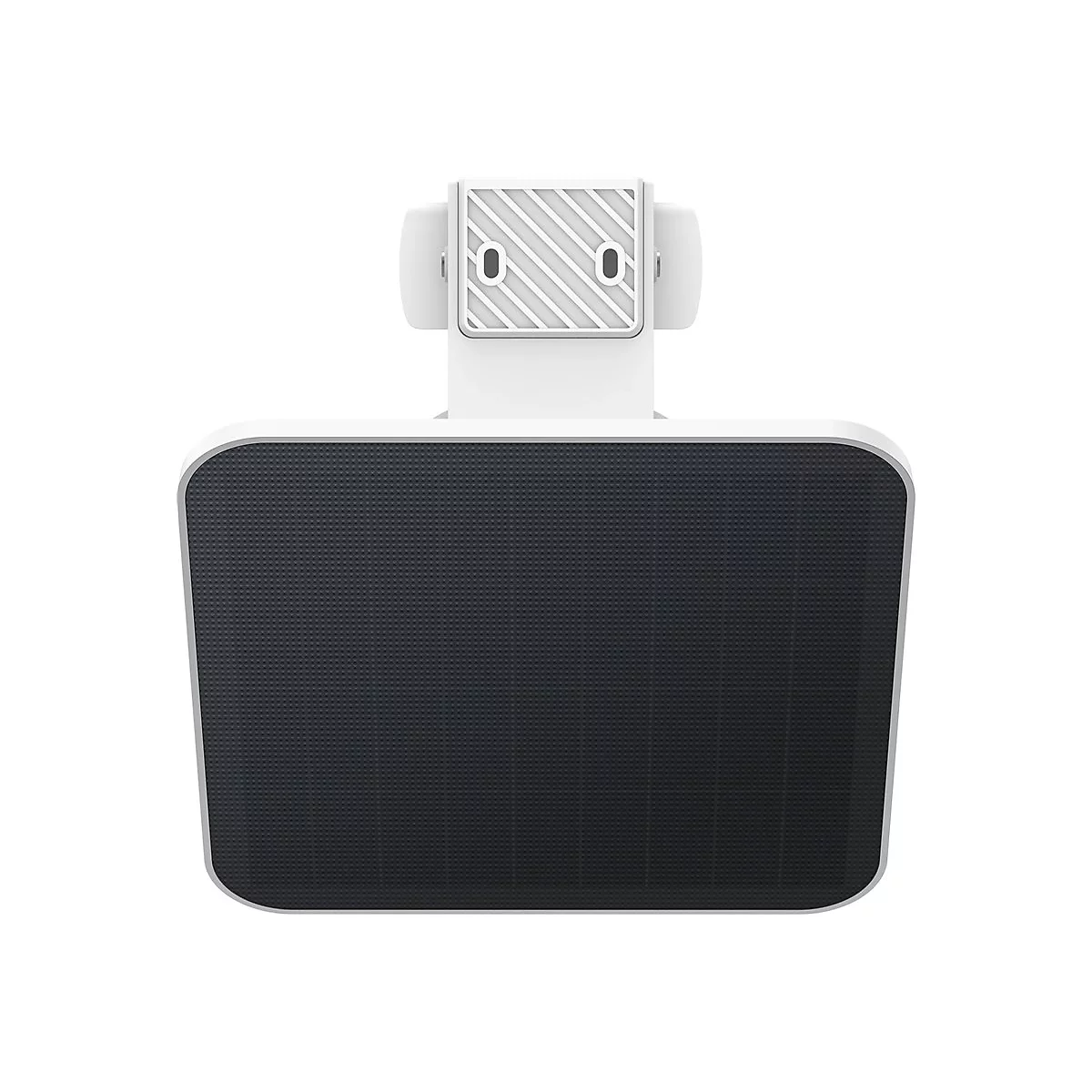 Rechteckiges schwarzes Solarpanel mit weißer Wandhalterung und diagonal gestreifter Montageplatte.