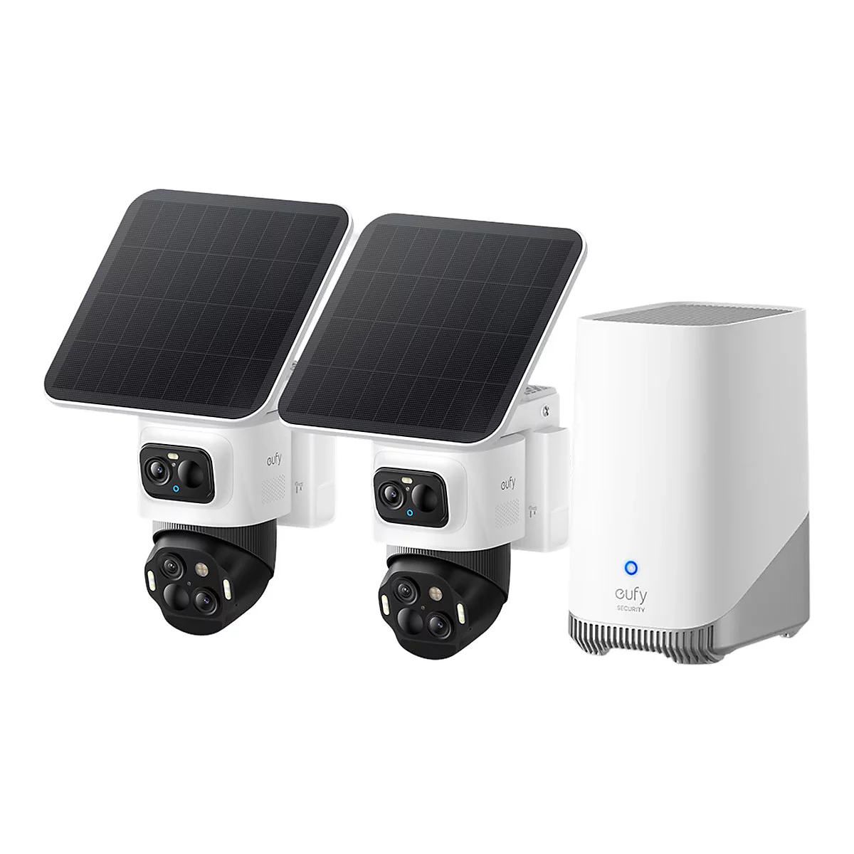 Zwei weiße Überwachungskameras mit Solarpanelen und eine weiße Basisstation von Eufy auf weißem Hintergrund.