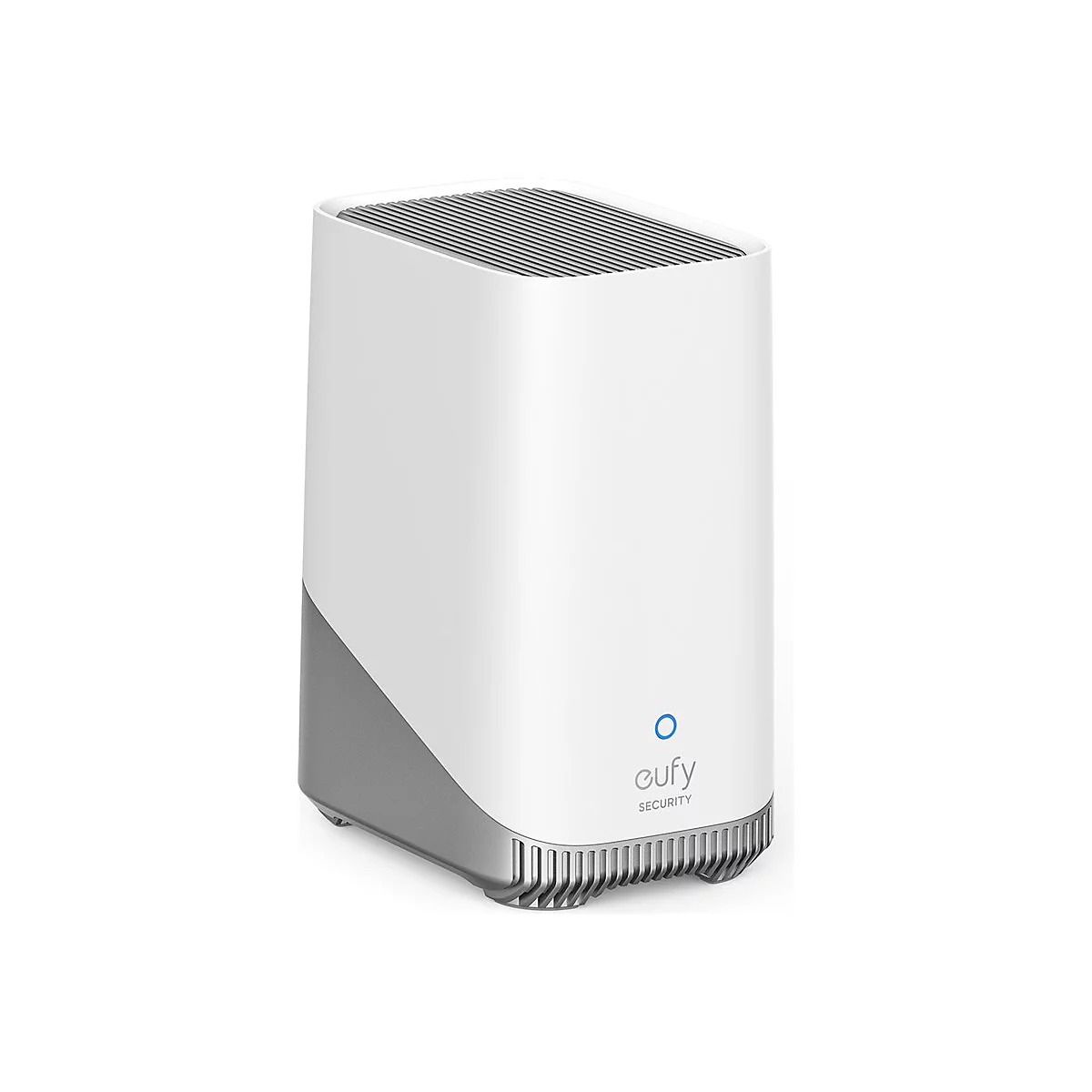 Eufy Security Basisstation in weiß-grauem Design mit blauem Statuslicht.