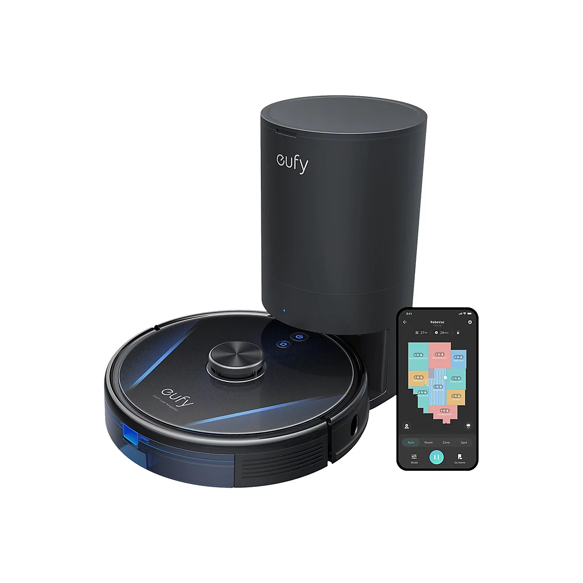 Eufy Saugroboter mit Absaugstation und Smartphone-App-Ansicht vor weißem Hintergrund.