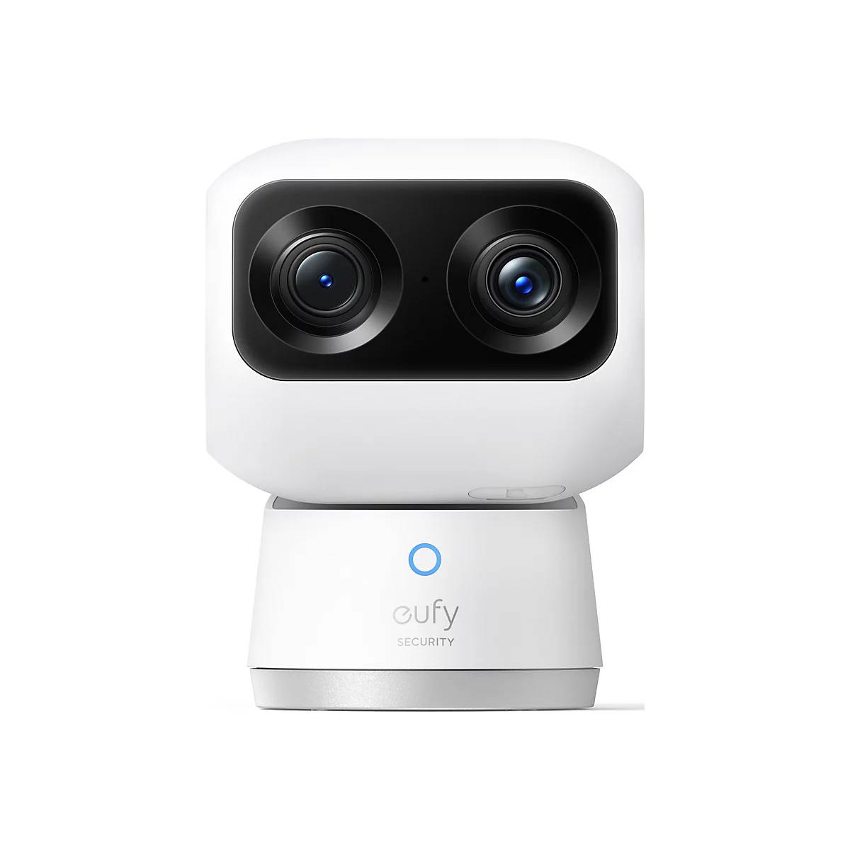 Weiße Eufy Sicherheitskamera mit zwei Objektiven vor weißem Hintergrund.