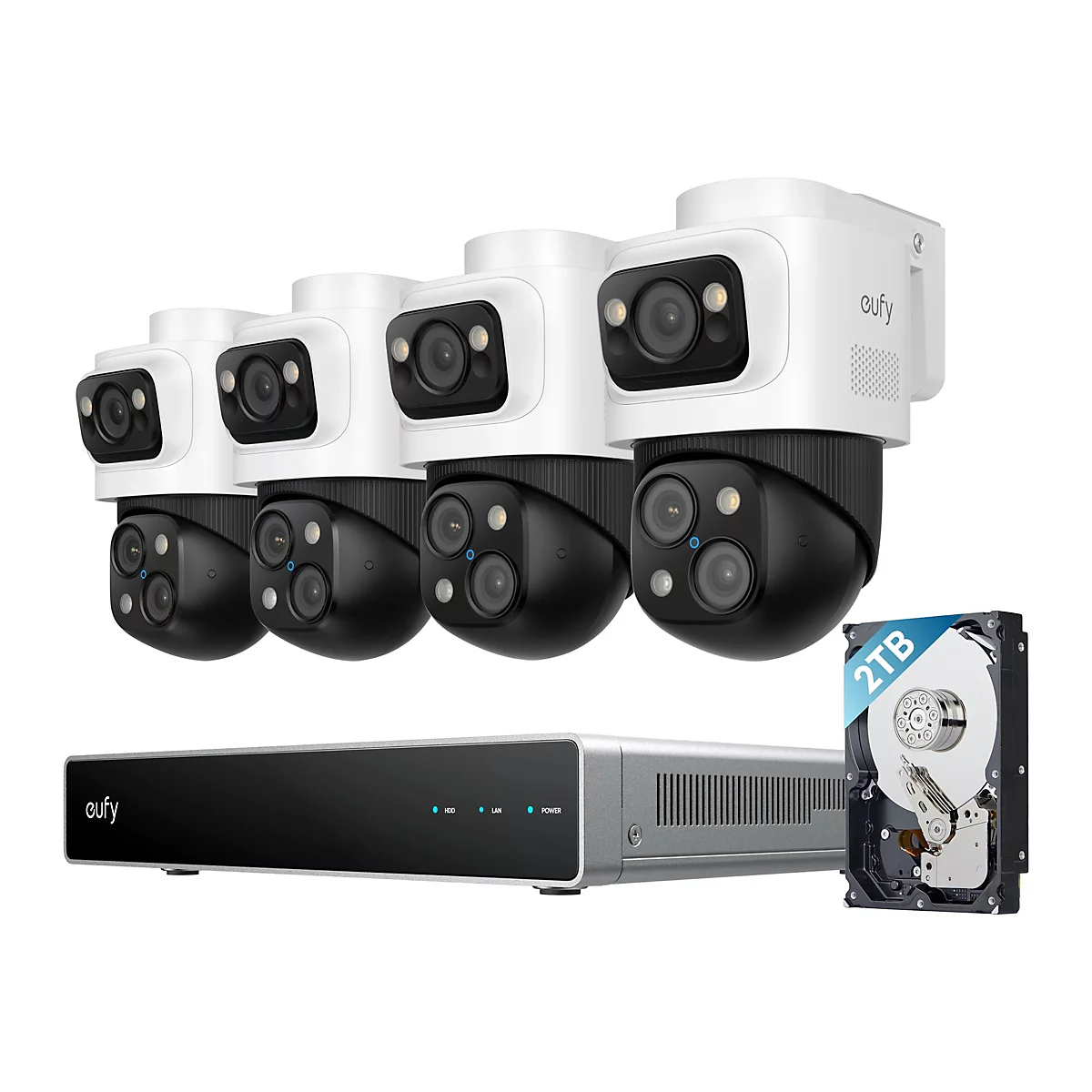 Vier weiße eufy Überwachungskameras, ein Netzwerk-Videorekorder und eine 2TB Festplatte auf weißem Grund.