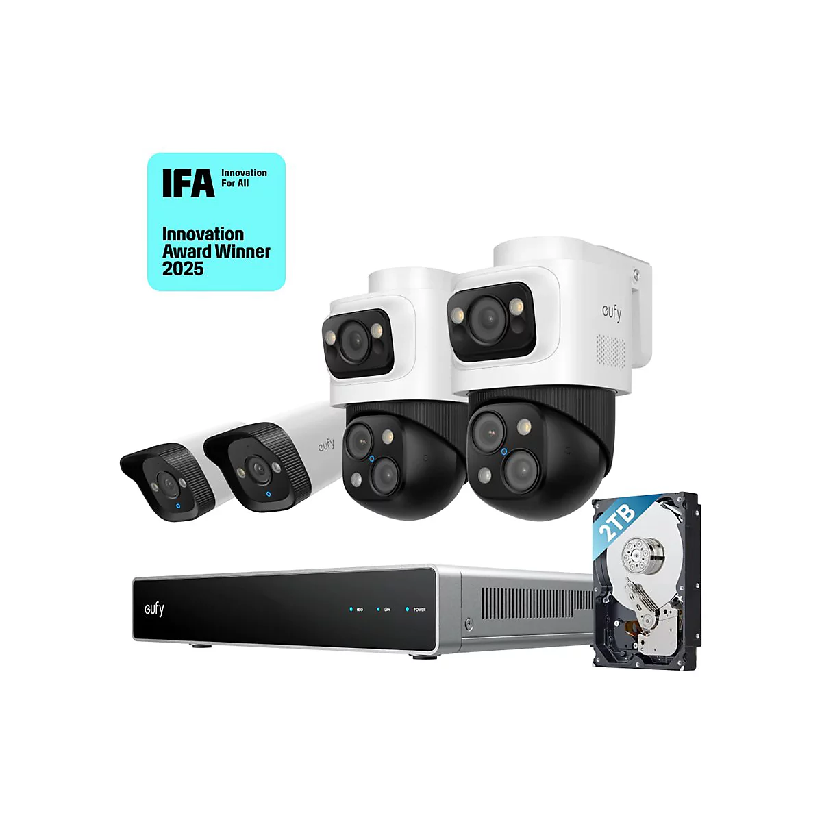 Eufy Überwachungskamerasystem mit vier Kameras, Aufnahmegerät und einer 2TB Festplatte.