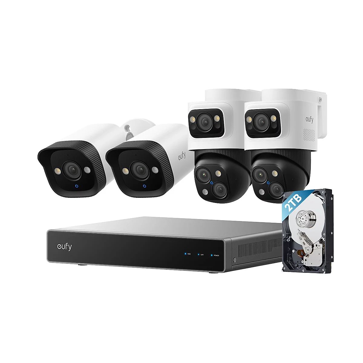 Eufy Sicherheitssystem mit vier Überwachungskameras, Basisstation und einer 2TB-Festplatte vor weißem Hintergrund.