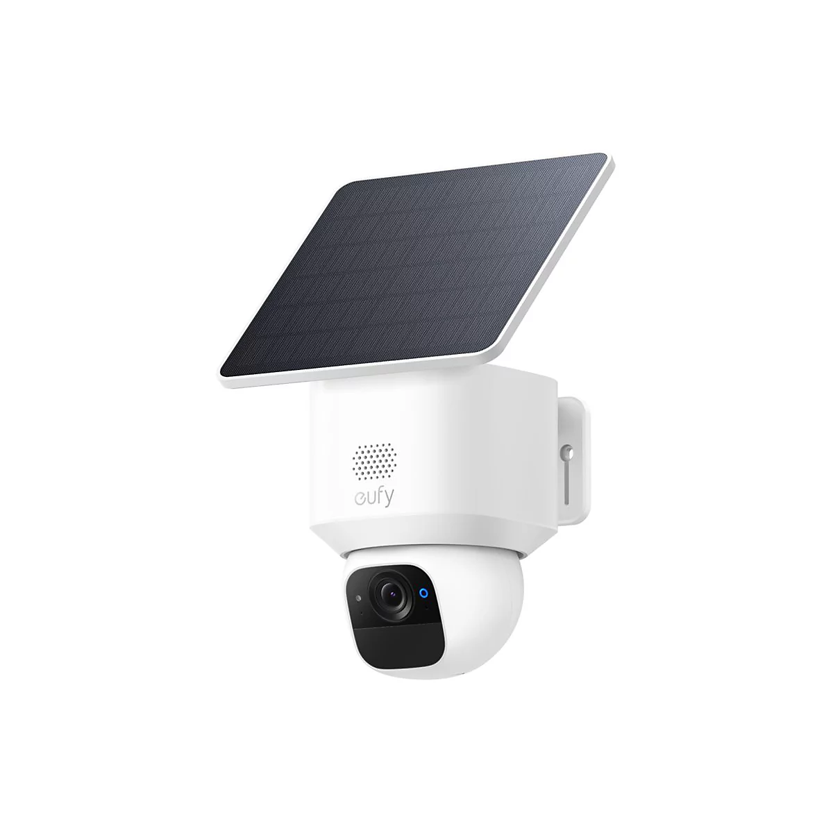 Weiße Eufy Überwachungskamera mit Solarpanel vor weißem Hintergrund.