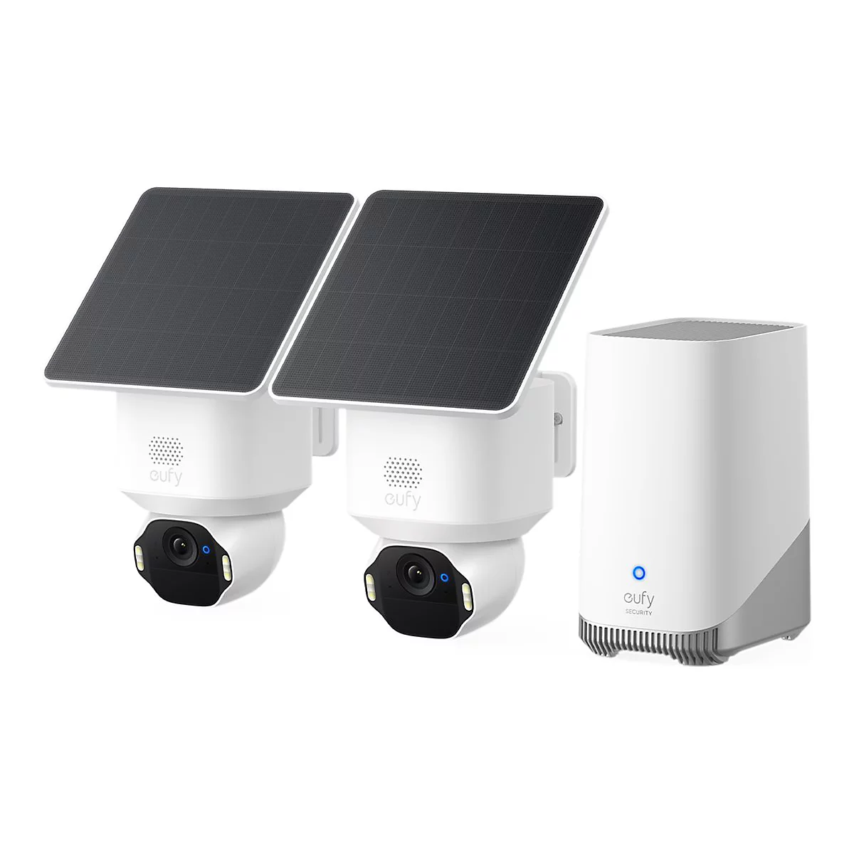 Zwei weiße eufy Überwachungskameras mit Solarpanel und eine weiße Basisstation vor weißem Hintergrund.