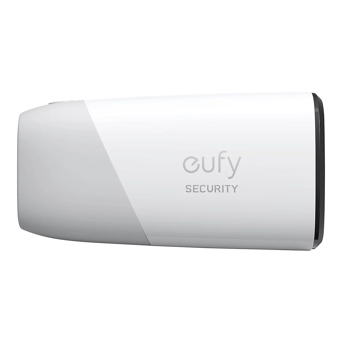 Weiße Eufy Security Kamera in zylindrischer Form mit grauem Logo auf der Seite.