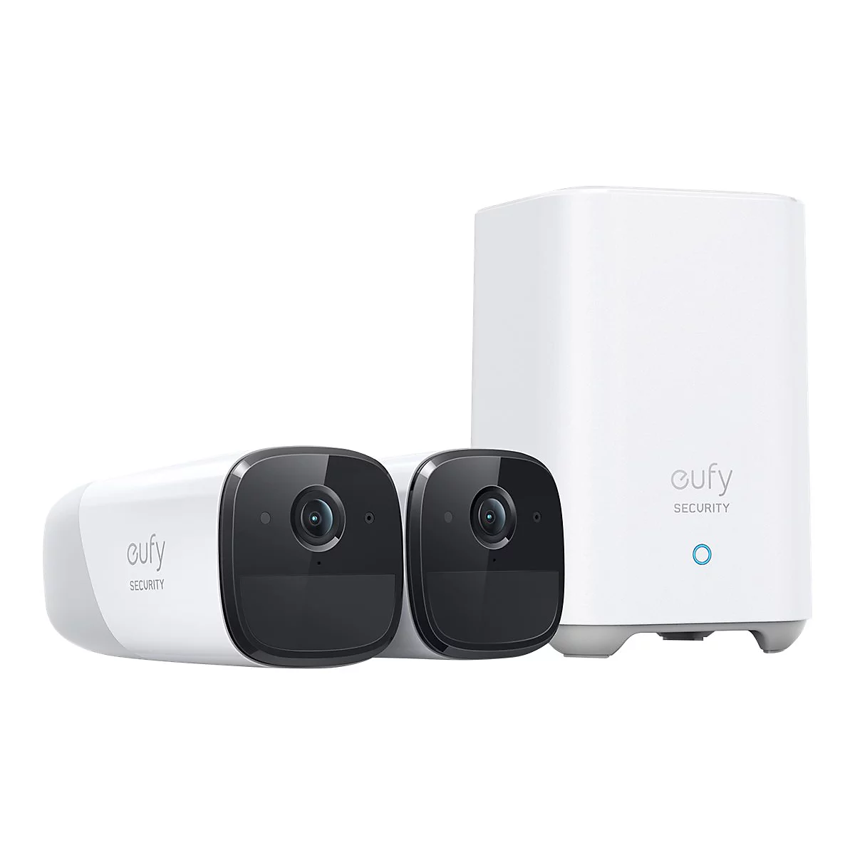 Zwei weiße Eufy Security Überwachungskameras und eine weiße HomeBase Station auf weißem Hintergrund.