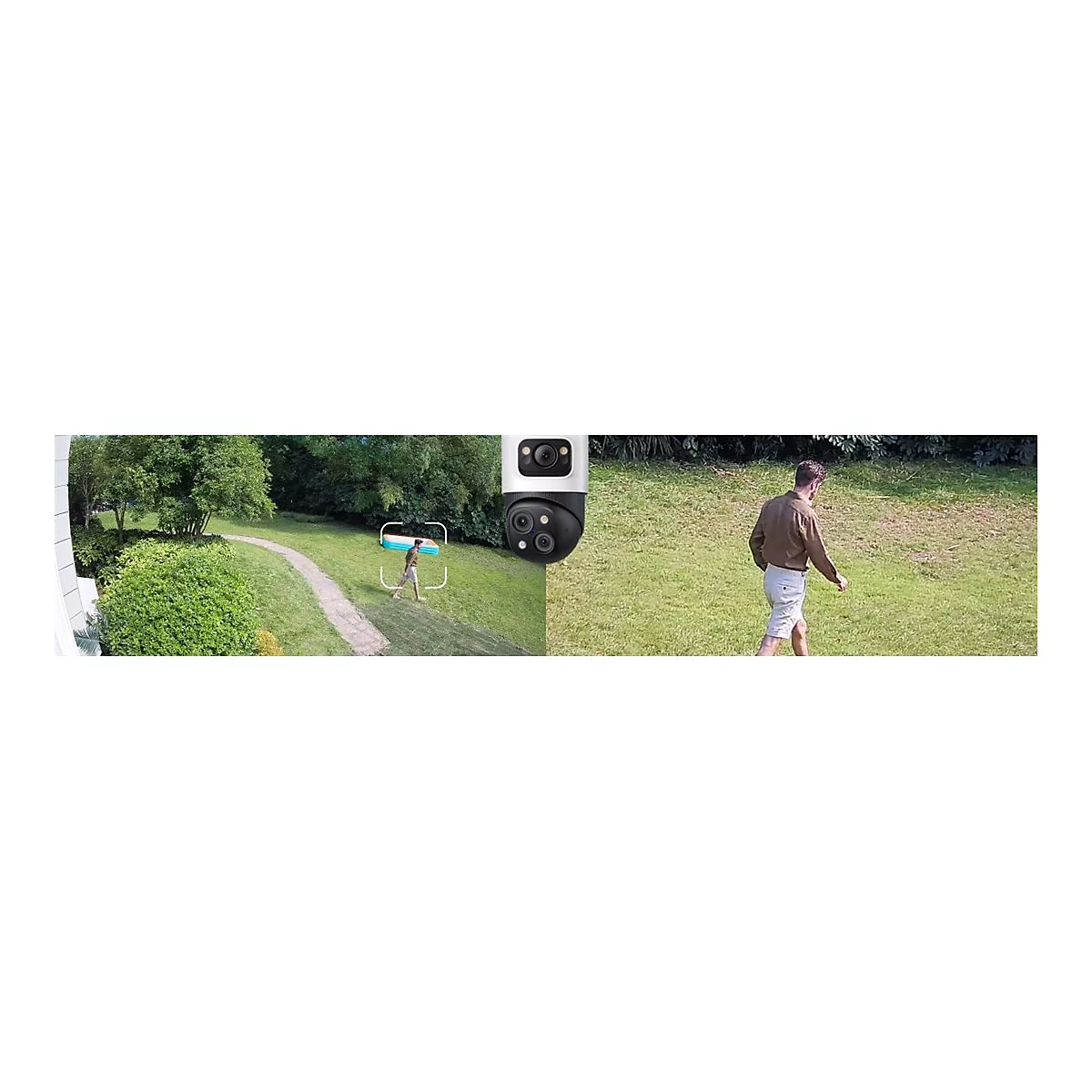 Überwachungskamera zeigt per KI-Personenerkennung einen Mann, der durch einen Garten läuft.