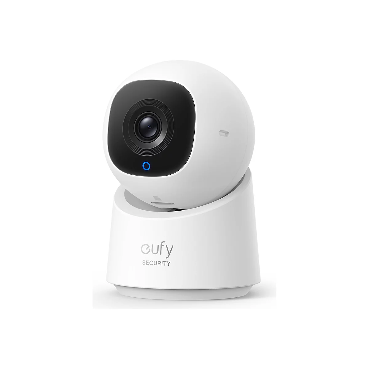 Weiße eufy Security Überwachungskamera mit rundem Gehäuse, schwarzer Linsenfront und leuchtend blauem Statuslicht.