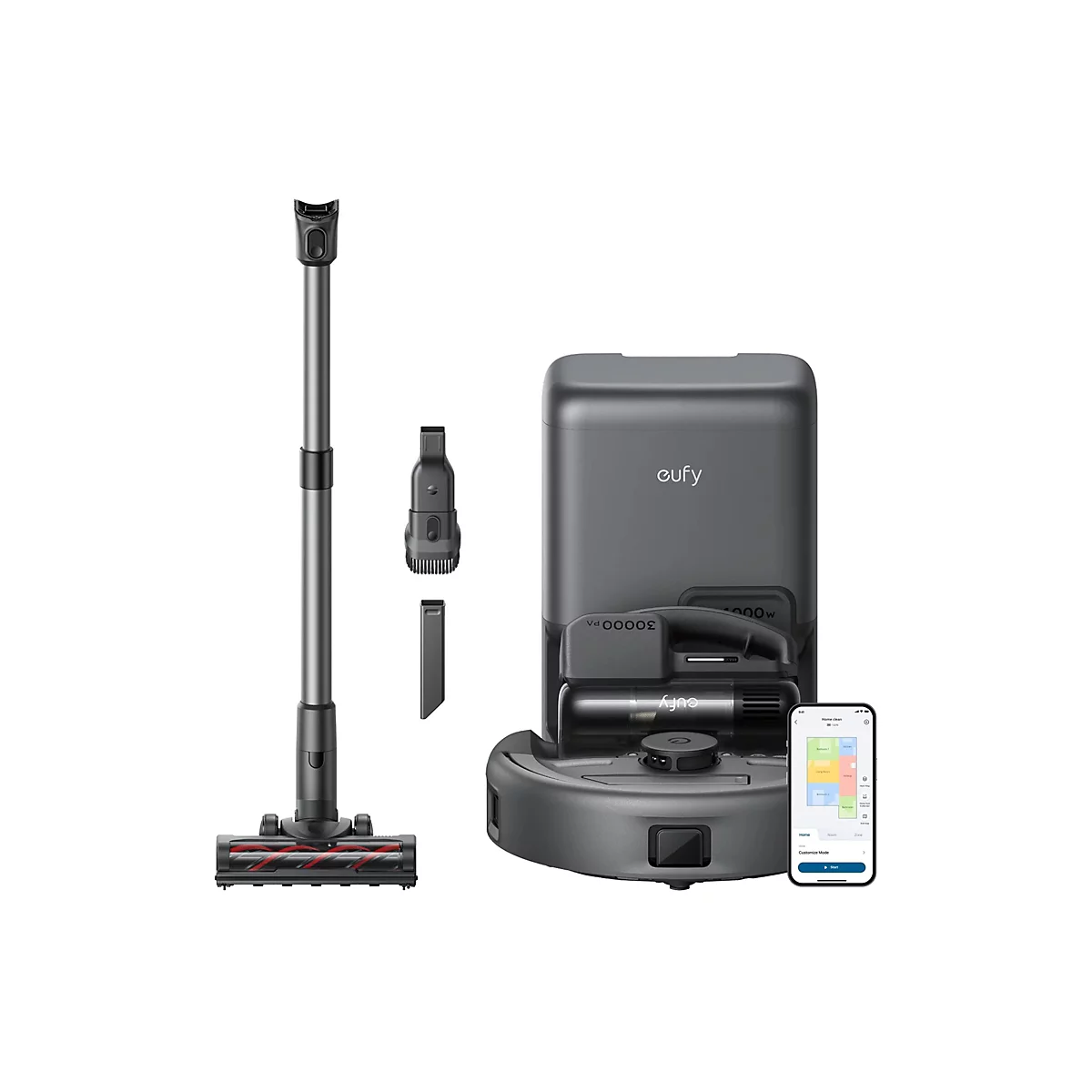 Ein grauer Staubsauger-Roboter mit Ladestation, ein Handstaubsauger und Zubehör, sowie ein Smartphone mit App-Oberfläche.