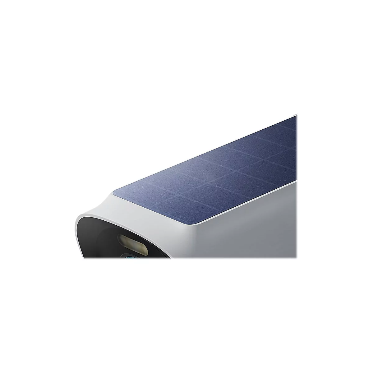 Nahaufnahme eines weißen Überwachungskameragehäuses mit integriertem blauem Solarpanel auf der Oberseite.