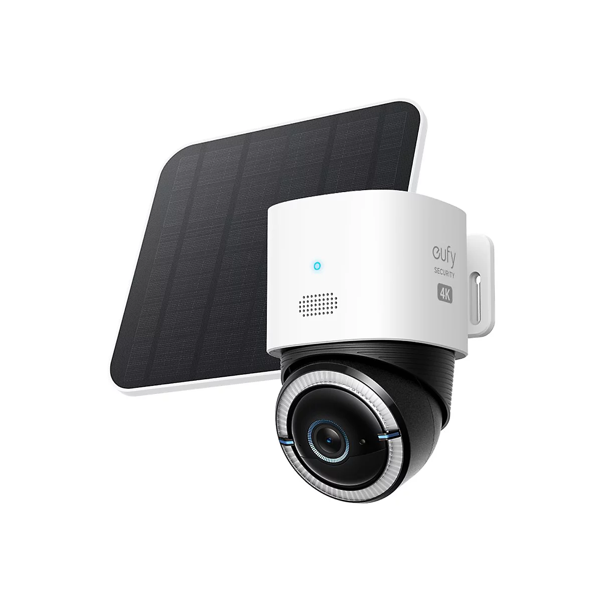 Weiße Eufy Security 4K Überwachungskamera mit schwarzem Solarmodul vor weißem Hintergrund.