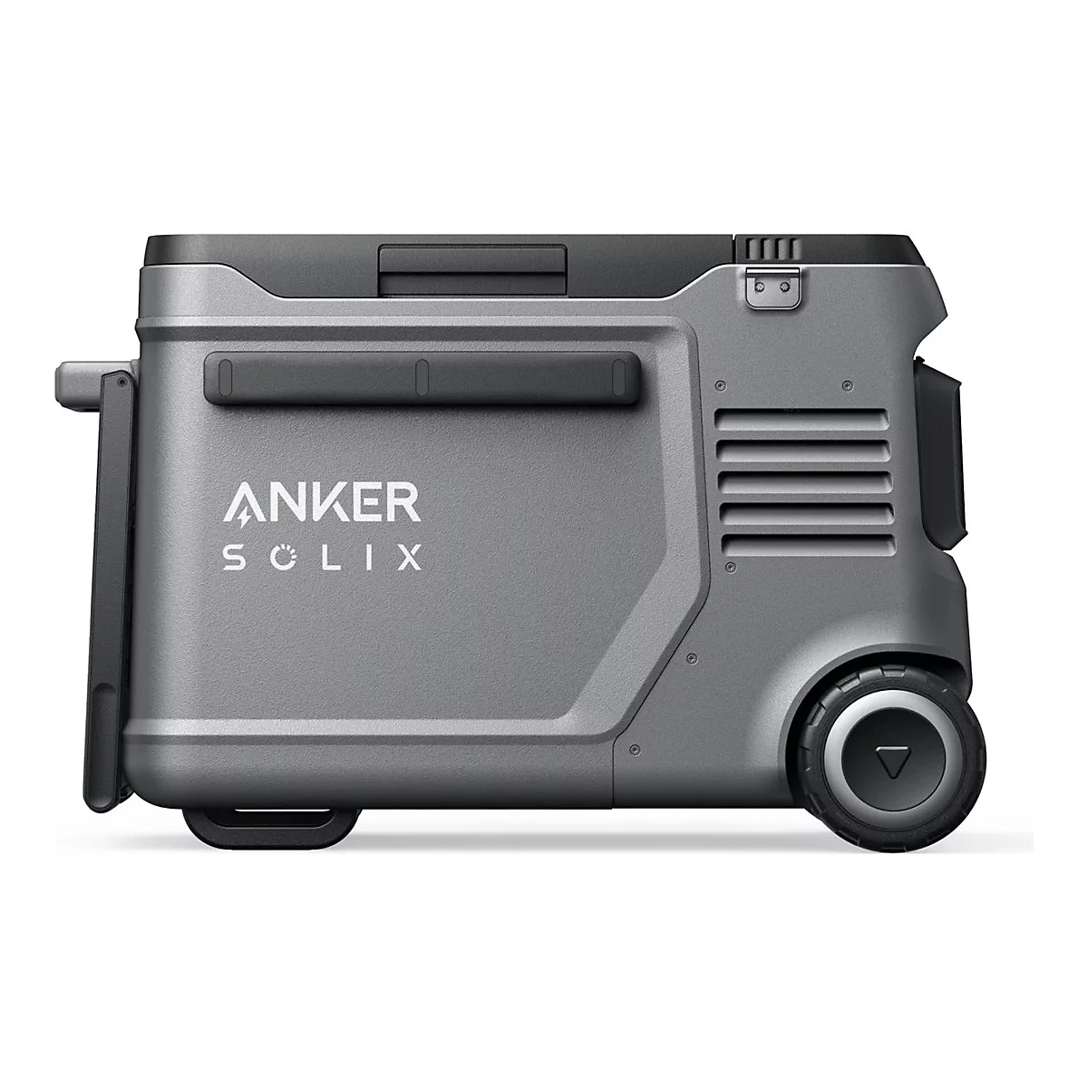 Graue Anker Solix Kühlbox mit schwarzem Griff und Rädern vor neutralem Hintergrund.