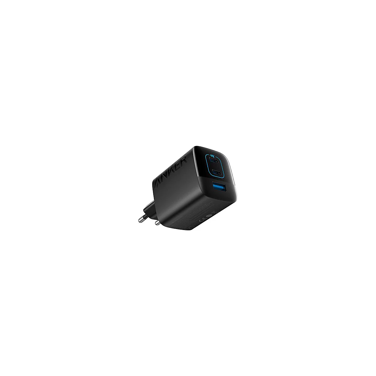 Schwarzes Anker Wandladegerät mit zwei USB-C- und einem USB-A-Anschluss vor weißem Hintergrund.
