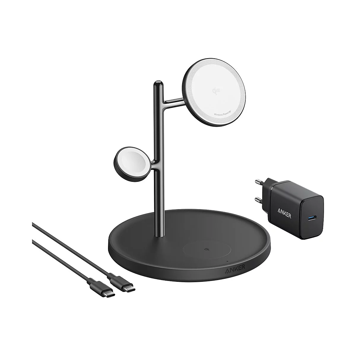 Schwarze kabellose 3-in-1-Ladestation von Anker mit Smartphone-, Watch- und Basis-Ladefläche sowie Netzteil.