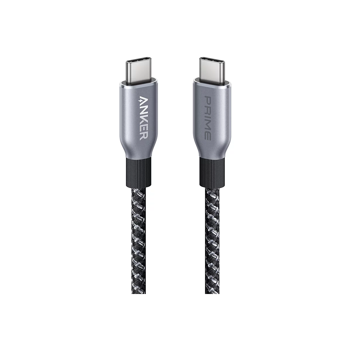 Zwei graue USB-C Stecker mit schwarzem Gewebekabel und Anker Prime Logo vor weißem Hintergrund.