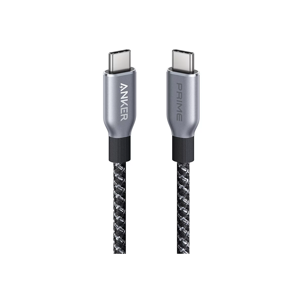 Zwei USB-C-Stecker von Anker Prime mit geflochtenem, schwarz-grauem Kabel vor weißem Hintergrund.