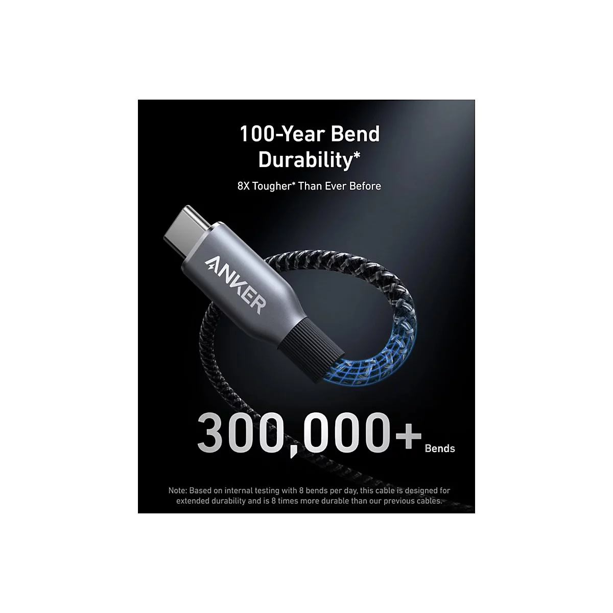 Anker USB-C-Kabel, das zu einer Schlaufe gebogen ist, vor schwarzem Hintergrund mit Text über Langlebigkeit.