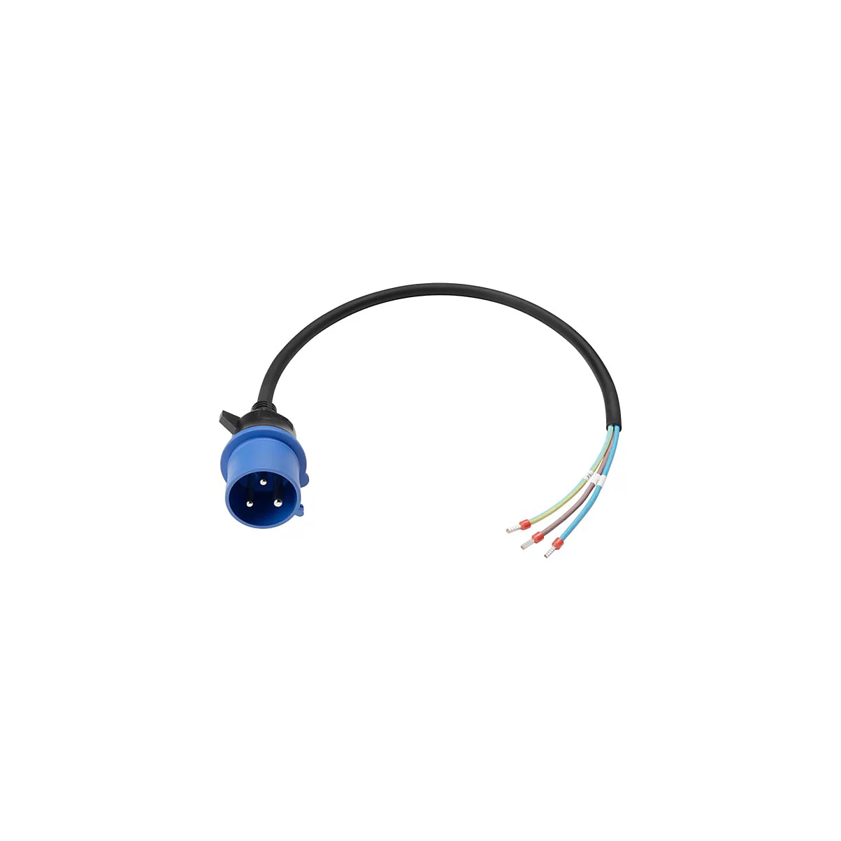 Blauer CEE-Stecker an einem schwarzen Kabel mit drei abisolierten, farbigen Aderenden vor weißem Hintergrund.