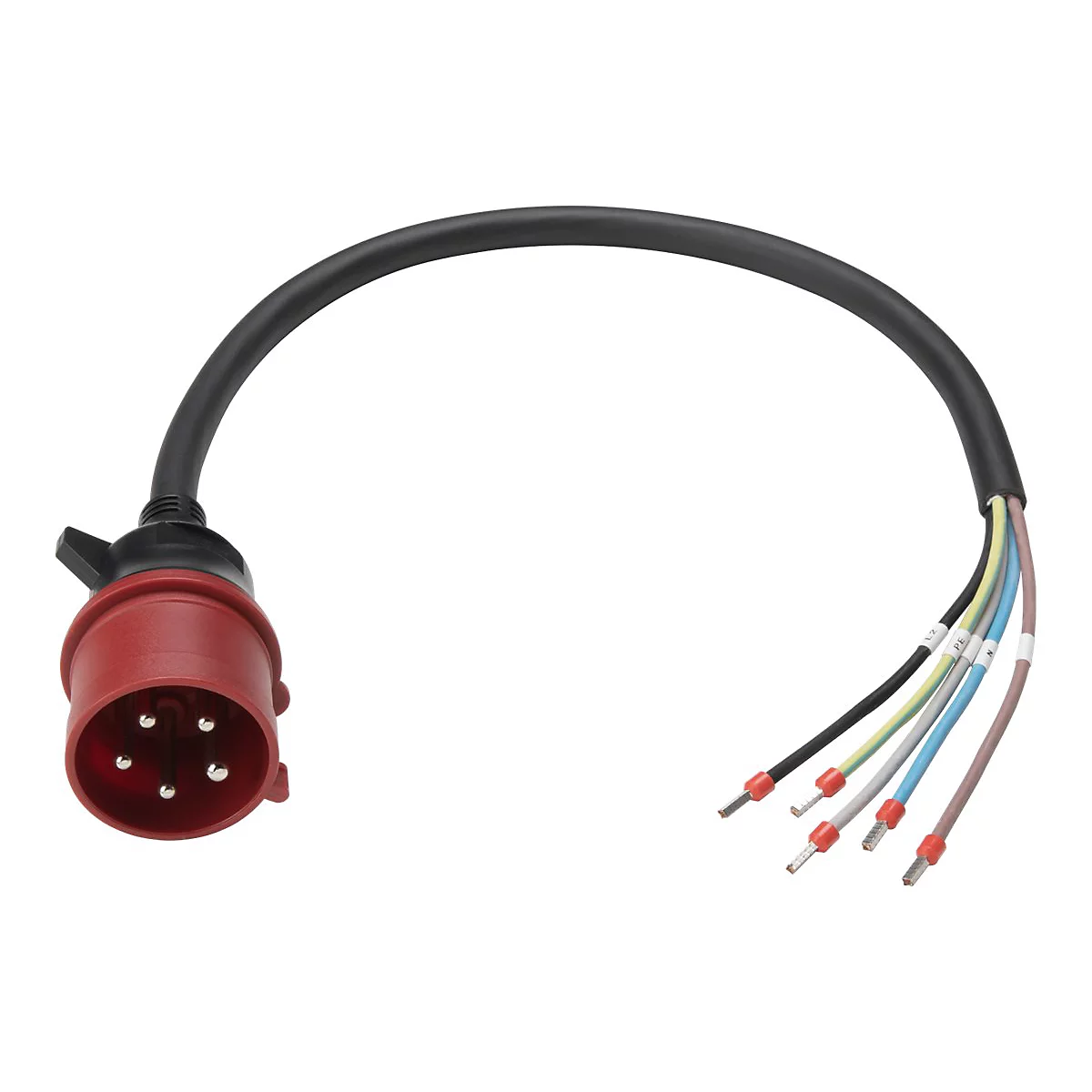 Roter CEE-Drehstromstecker mit schwarzem Kabel und fünf einzeln abisolierten Kabelenden mit Aderendhülsen.