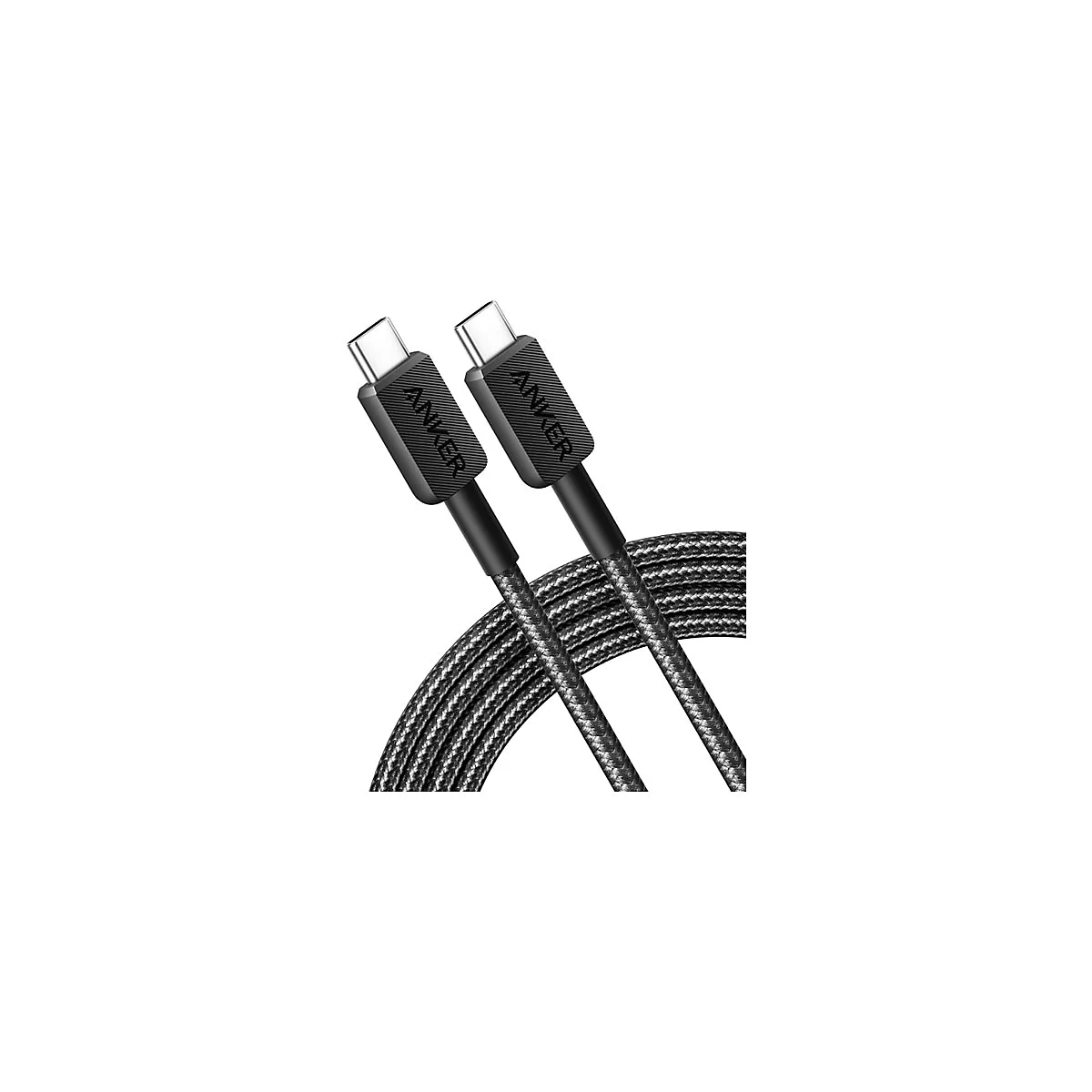 Zwei Anker USB-C-Kabel mit geflochtener, dunkelgrauer Textilummantelung vor weißem Hintergrund.