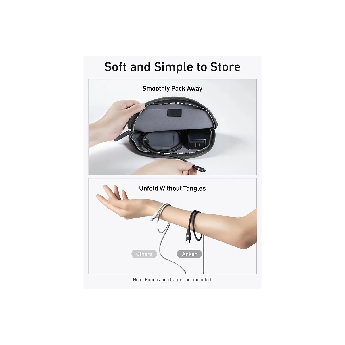 Hände verstauen ein Kabel in einer Tasche; darunter Vergleich eines Anker-Kabels mit einem anderen Kabel am Arm.