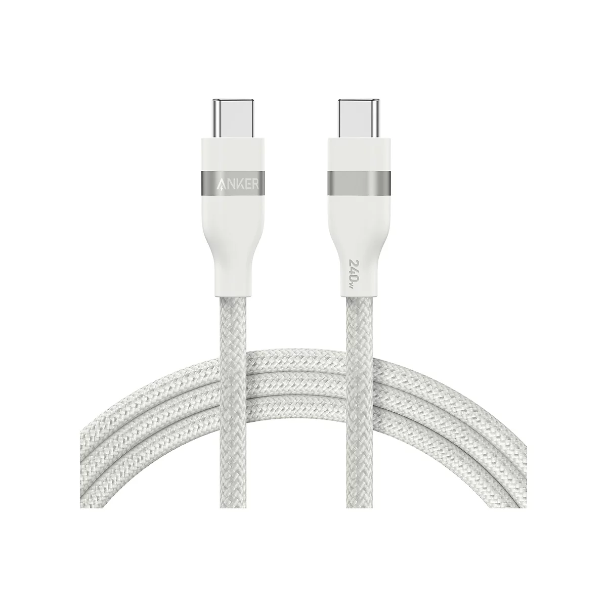 Weißes Anker USB-C-Kabel mit 240W-Aufdruck auf weißem Hintergrund.