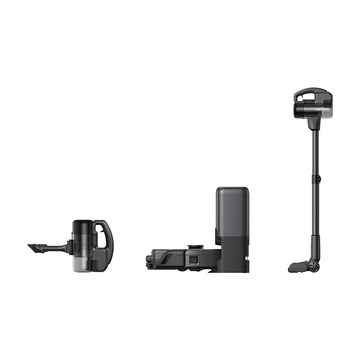 Draufsicht auf einen kabellosen Staubsauger in drei Teilen: Handgerät mit Zubehör, Akku und Hauptgerät mit Stiel und Düse.