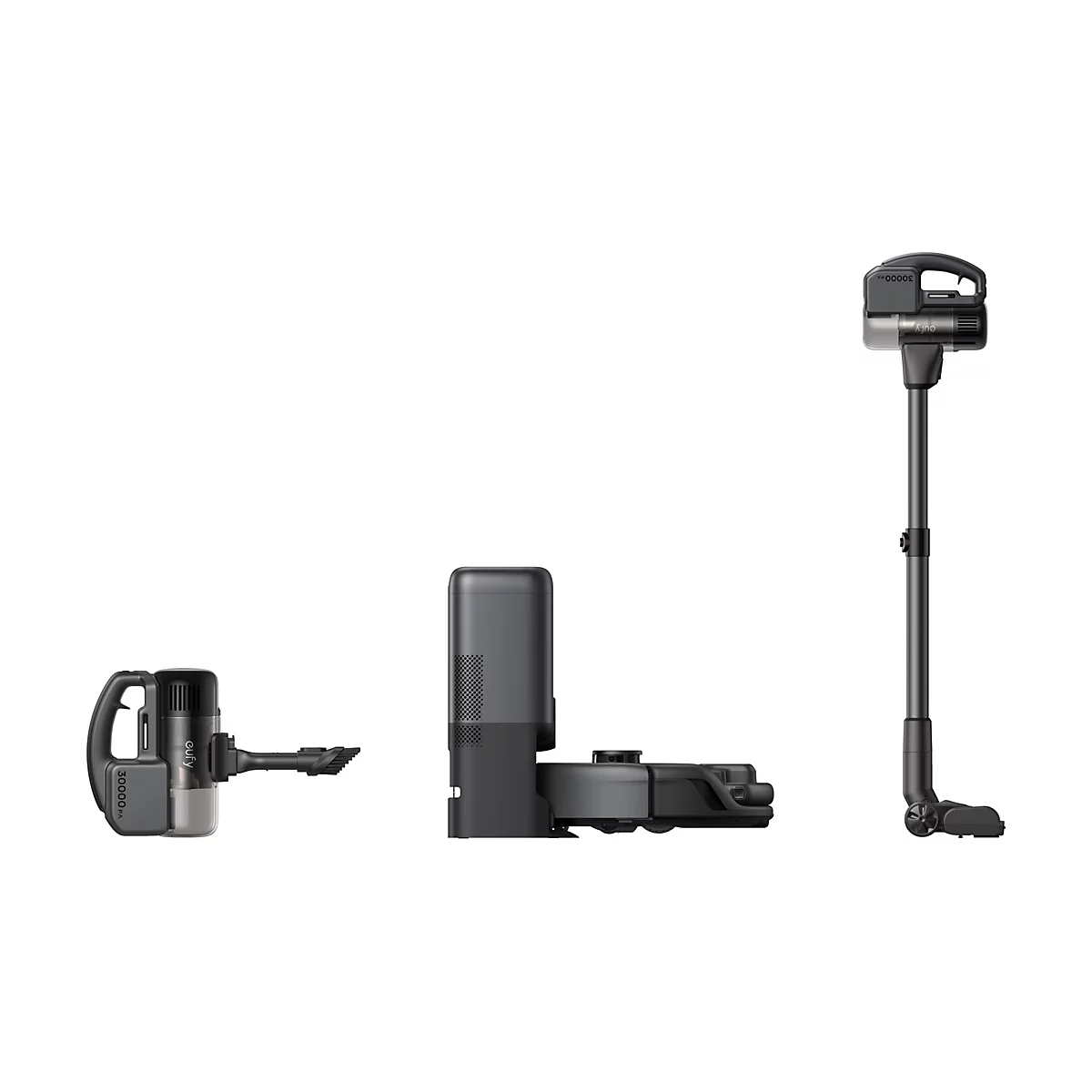 Drei Staubsauger-Komponenten vor weißem Hintergrund. Links ein Handstaubsauger, mittig eine Ladestation, rechts ein Stielstaubsauger.