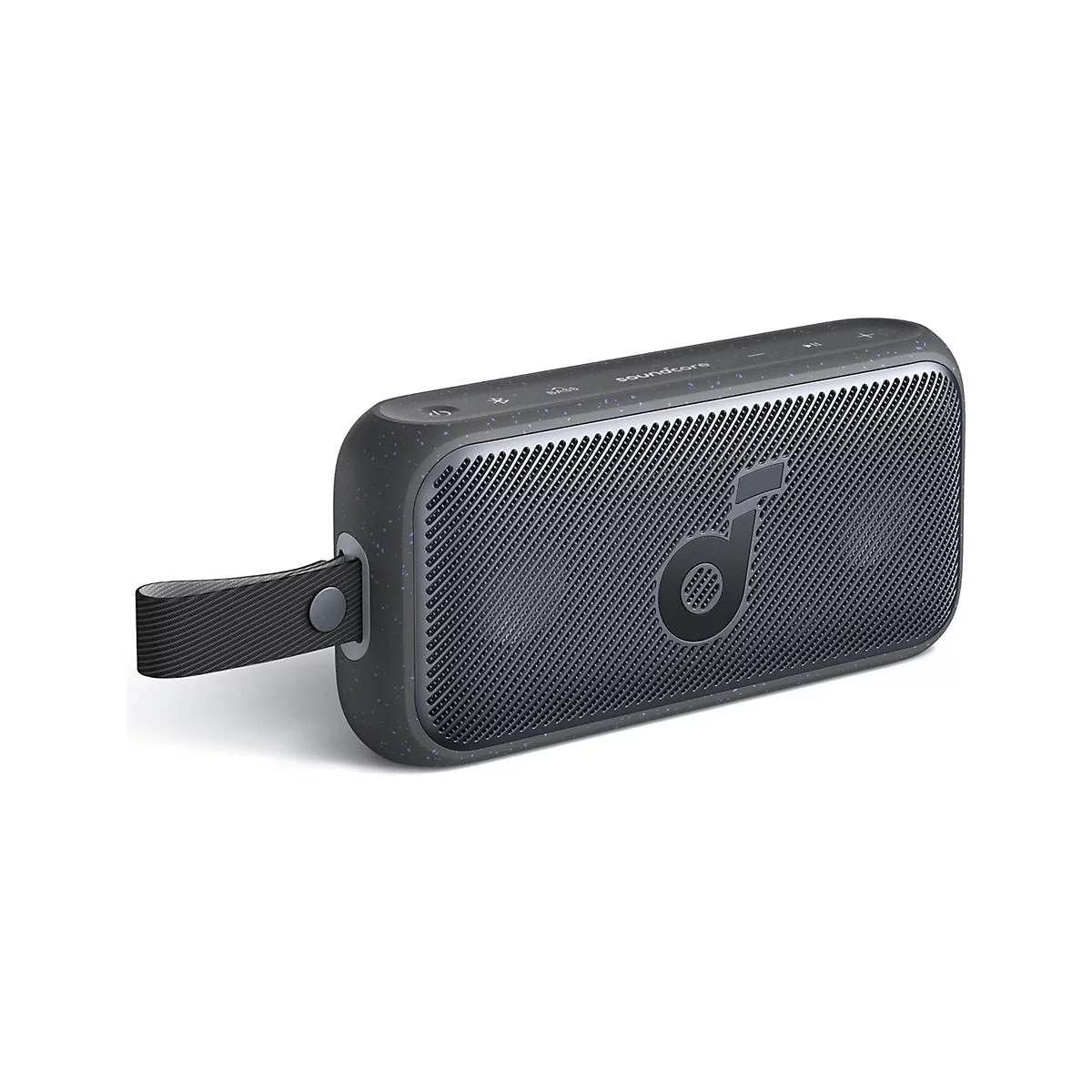 Schwarzer, rechteckiger Soundcore Bluetooth-Lautsprecher mit Trageschlaufe und gesprenkeltem Gehäuse vor weißem Hintergrund.