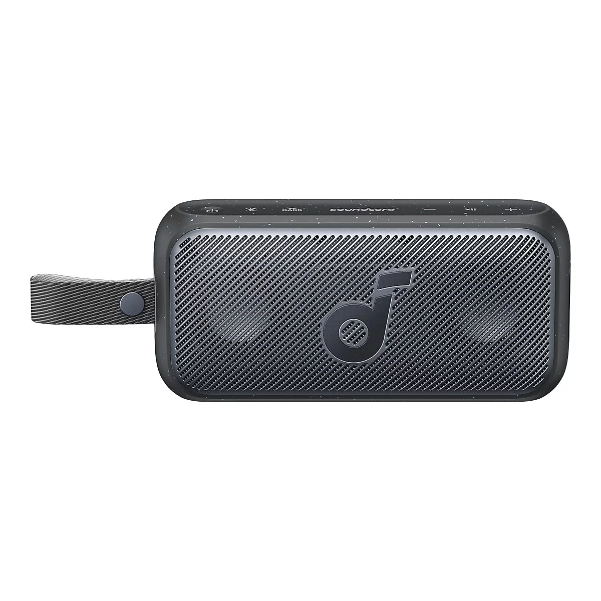 Schwarzer, rechteckiger Soundcore-Bluetooth-Lautsprecher mit Trageschlaufe und feinen Sprenkeln auf der Oberfläche.