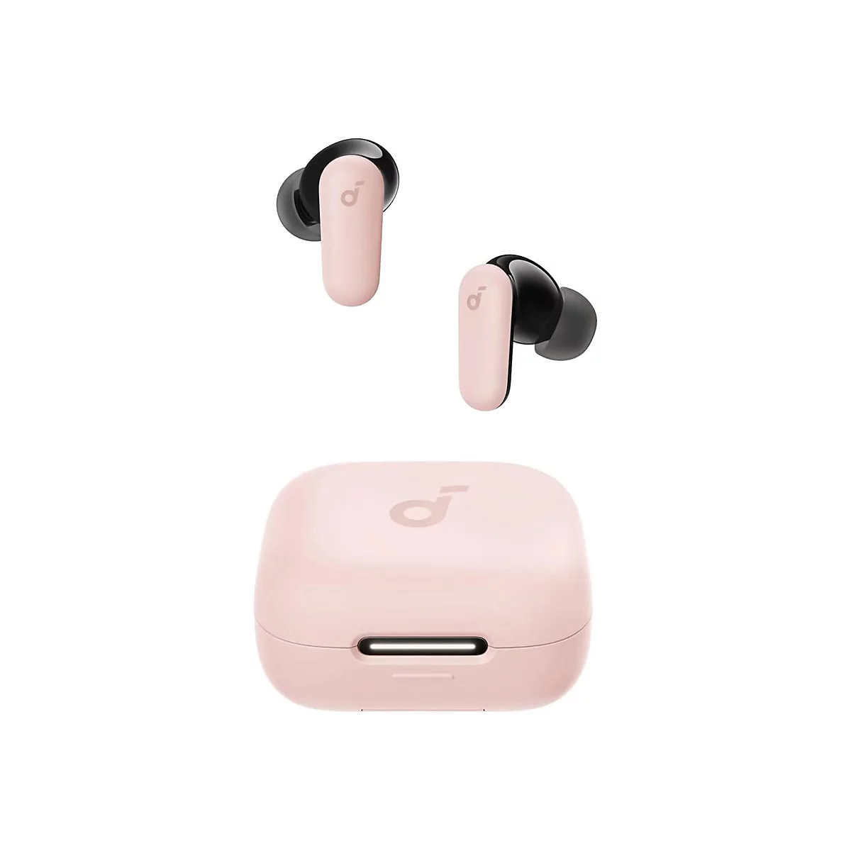 Rosa kabellose In-Ear-Kopfhörer mit zugehörigem Ladecase vor weißem Hintergrund.