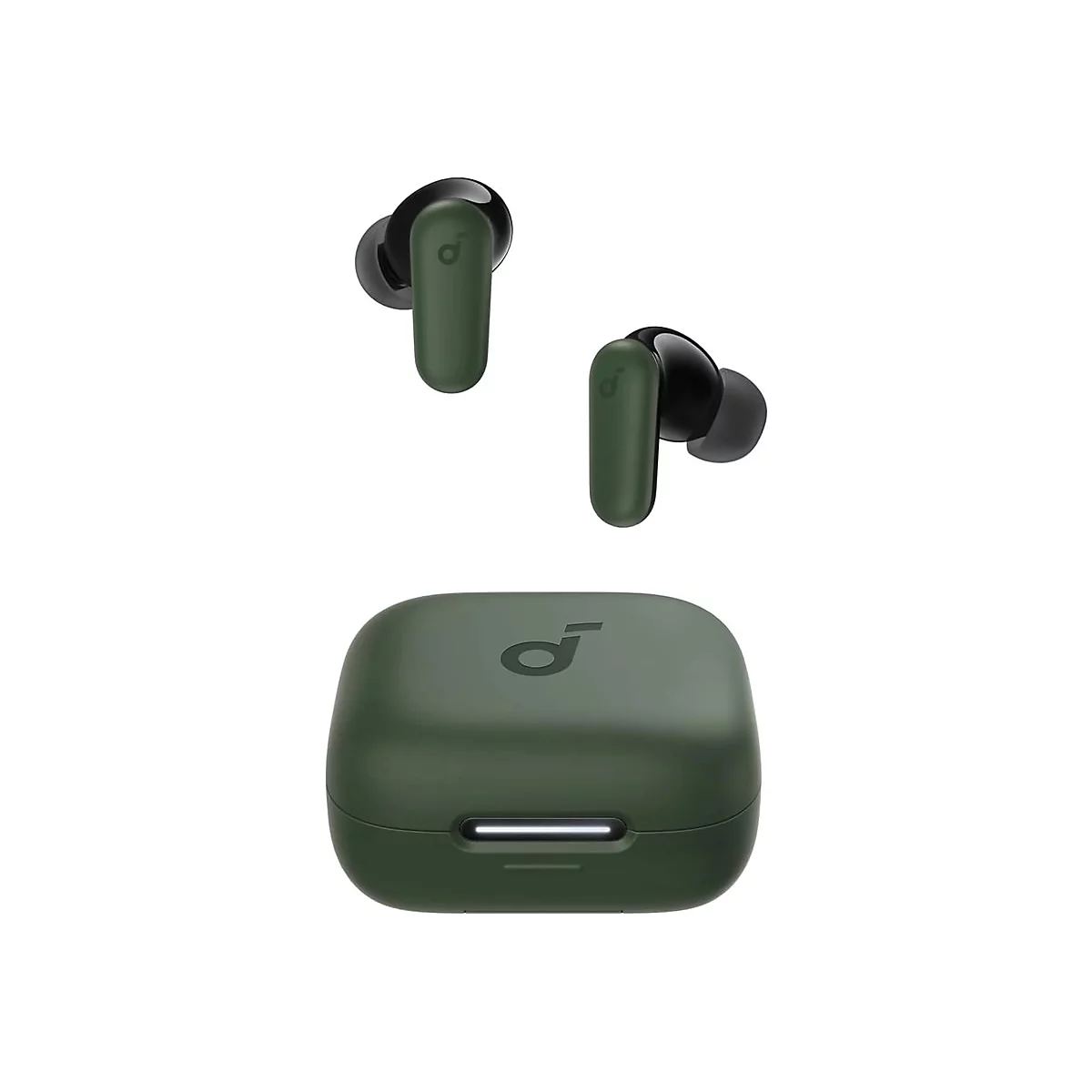 Dunkelgrüne In-Ear-Kopfhörer mit Ladecase vor weißem Hintergrund.